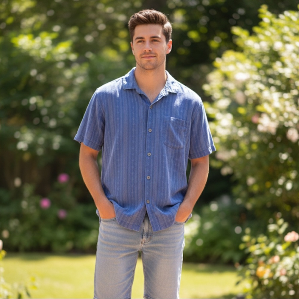 Tommy Bahama Blue Silk Short‎ Sleeve Button Down Size L